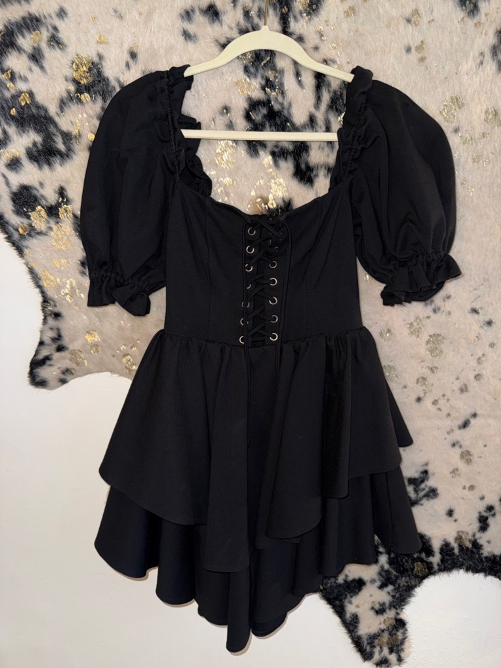 Selkie Black Puff Sleeve Lace-Up Mini Dress